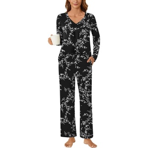 image:imageBestbee Womens Pajama Set 2 Piece Lounge Outfits V Neck Sleepwear Fall Long Sleeve Long Pants With Pockets Ladies PjsBlackwhite Flower