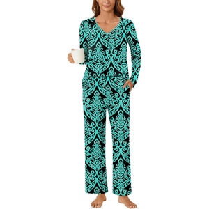 image:imageBestbee Womens Pajama Set 2 Piece Lounge Outfits V Neck Sleepwear Fall Long Sleeve Long Pants With Pockets Ladies PjsFloral Bluegreen