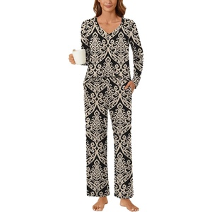 image:imageBestbee Womens Pajama Set 2 Piece Lounge Outfits V Neck Sleepwear Fall Long Sleeve Long Pants With Pockets Ladies PjsFloral Khakiblack