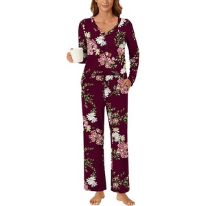 image:imageBestbee Womens Pajama Set 2 Piece Lounge Outfits V Neck Sleepwear Fall Long Sleeve Long Pants With Pockets Ladies PjsFloral Wine