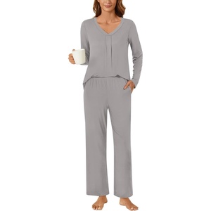 image:imageBestbee Womens Pajama Set 2 Piece Lounge Outfits V Neck Sleepwear Fall Long Sleeve Long Pants With Pockets Ladies PjsLight Grey