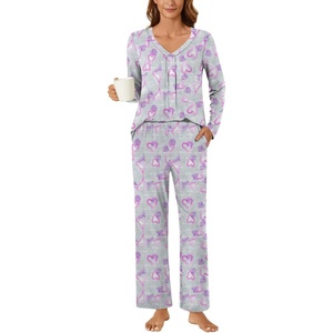 image:imageBestbee Womens Pajama Set 2 Piece Lounge Outfits V Neck Sleepwear Fall Long Sleeve Long Pants With Pockets Ladies PjsPink Heartgrey