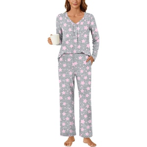 image:imageBestbee Womens Pajama Set 2 Piece Lounge Outfits V Neck Sleepwear Fall Long Sleeve Long Pants With Pockets Ladies PjsStar Grey