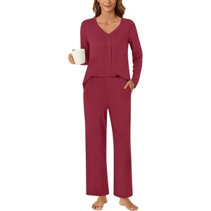 image:imageBestbee Womens Pajama Set 2 Piece Lounge Outfits V Neck Sleepwear Fall Long Sleeve Long Pants With Pockets Ladies PjsWine Red