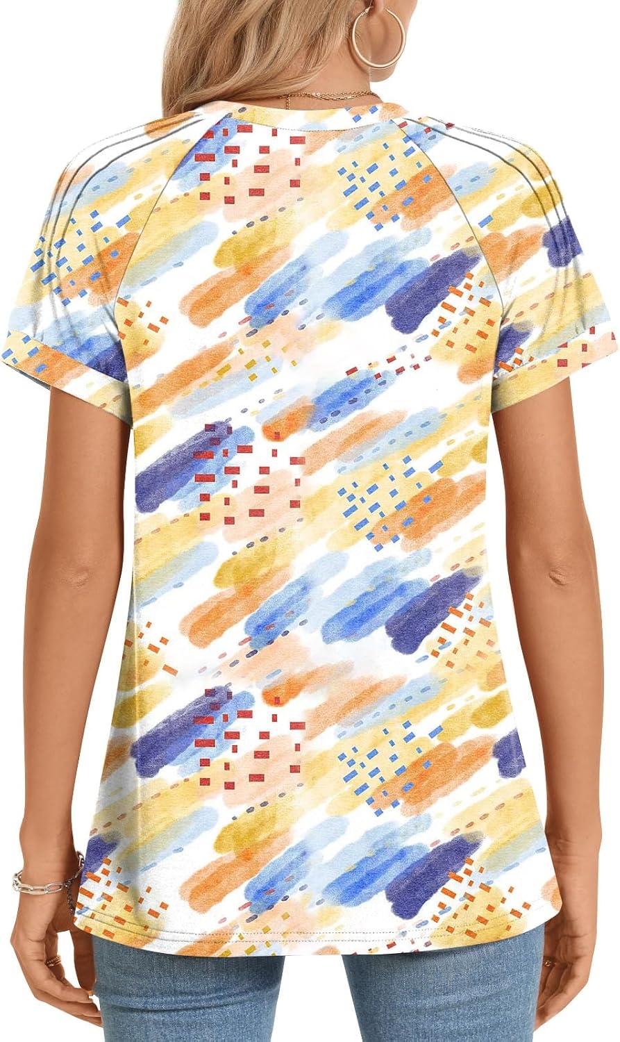 image:imageWomens 2025 Summer Tops Plus Size Tunics Casual Short Sleeve Shirts Loose Fit BlousesColorful Watercolor Pen