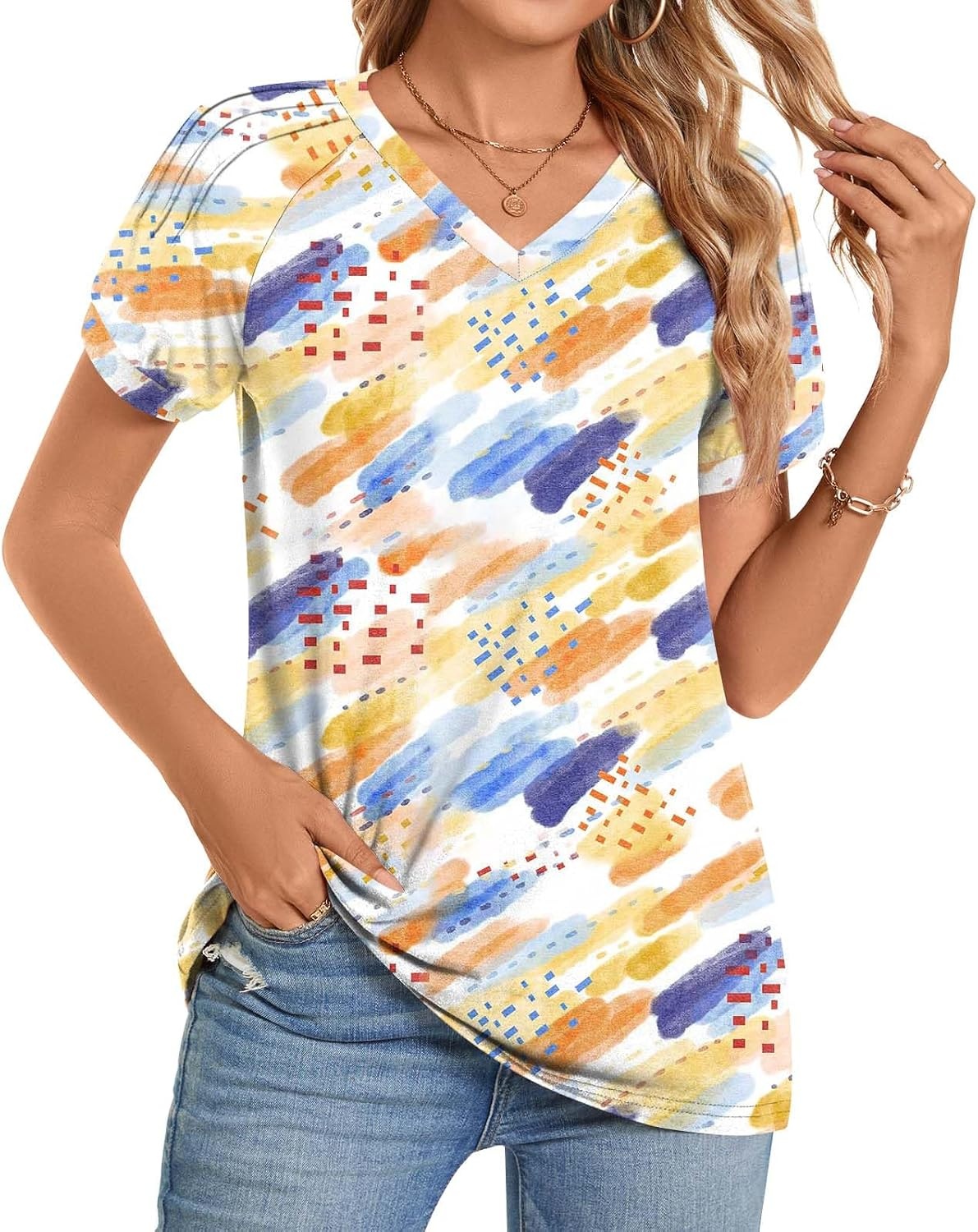 image:imageWomens 2025 Summer Tops Plus Size Tunics Casual Short Sleeve Shirts Loose Fit BlousesColorful Watercolor Pen