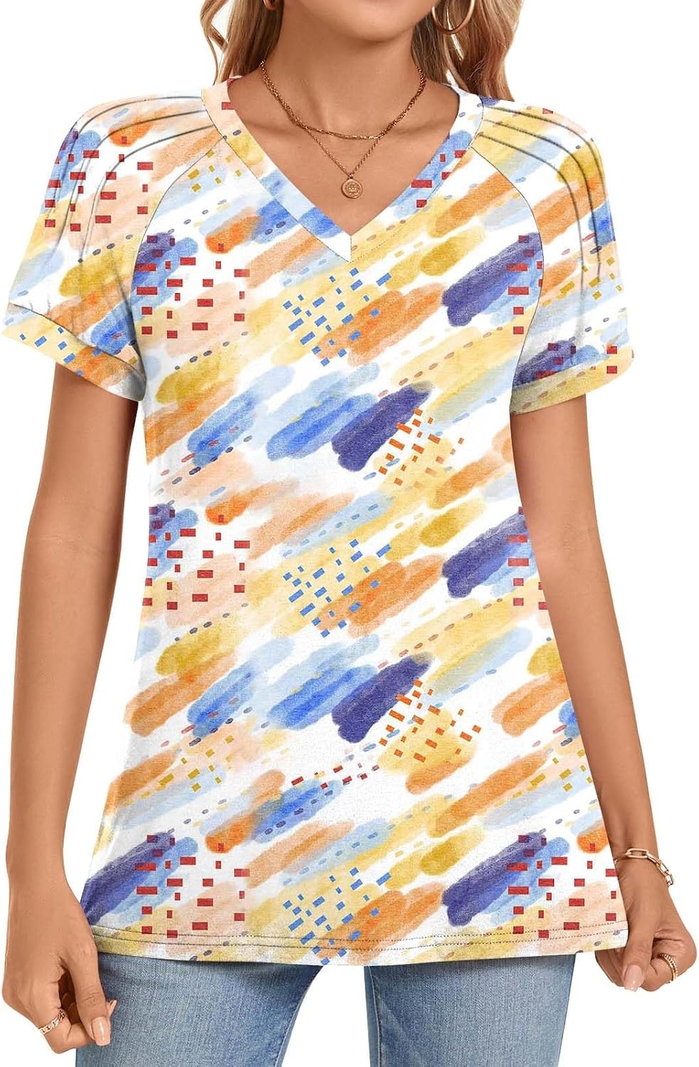 image:imageWomens 2025 Summer Tops Plus Size Tunics Casual Short Sleeve Shirts Loose Fit BlousesColorful Watercolor Pen