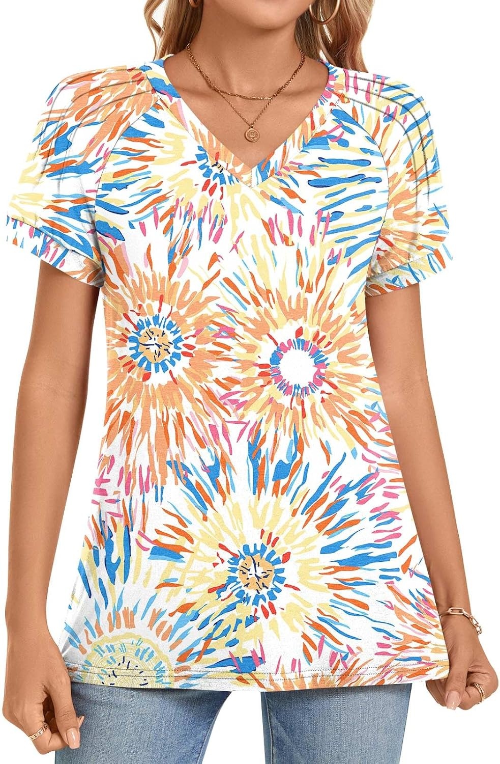 image:imageWomens 2025 Summer Tops Plus Size Tunics Casual Short Sleeve Shirts Loose Fit BlousesMulticolor Fireworks