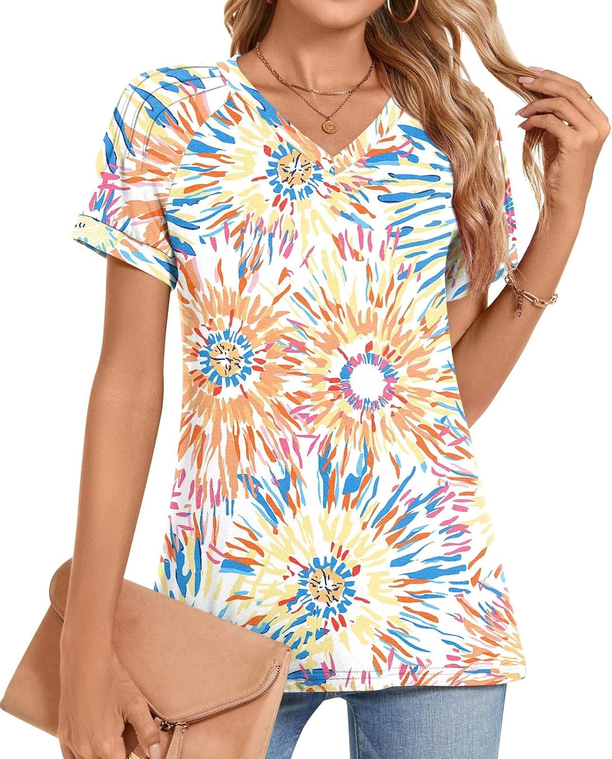 image:imageWomens 2025 Summer Tops Plus Size Tunics Casual Short Sleeve Shirts Loose Fit BlousesMulticolor Fireworks