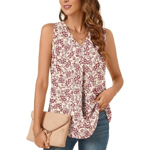 image:imageBestbee Womens 2026 Summer Tank Tops Dressy Casual Sleeveless Chiffon Blouses V Neck Tunics Cute Business Work ShirtsDeep Red Flowerbeige