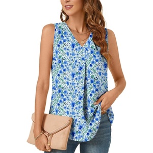 image:imageBestbee Womens 2026 Summer Tank Tops Dressy Casual Sleeveless Chiffon Blouses V Neck Tunics Cute Business Work ShirtsInk Blue Flower