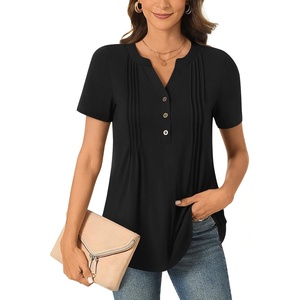 image:imageBestbee Womens Summer Tops Short Sleeve Tunics Dressy Casual Blouses Henley Neck ButtonDown ShirtsBlack