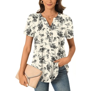 image:imageBestbee Womens Summer Tops Short Sleeve Tunics Dressy Casual Blouses Henley Neck ButtonDown ShirtsBlack Floral Beige