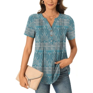 image:imageBestbee Womens Summer Tops Short Sleeve Tunics Dressy Casual Blouses Henley Neck ButtonDown ShirtsBluekhaki