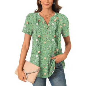 image:imageBestbee Womens Summer Tops Short Sleeve Tunics Dressy Casual Blouses Henley Neck ButtonDown ShirtsGreen Flowers