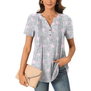 image:imageBestbee Womens Summer Tops Short Sleeve Tunics Dressy Casual Blouses Henley Neck ButtonDown ShirtsStar Grey