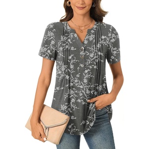 image:imageBestbee Womens Summer Tops Short Sleeve Tunics Dressy Casual Blouses Henley Neck ButtonDown ShirtsWhite Flower Black