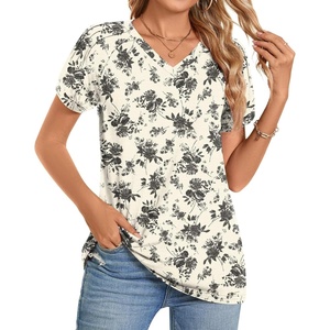 image:imageWomens 2025 Summer Tops Plus Size Tunics Casual Short Sleeve Shirts Loose Fit BlousesBlack Floral Beige