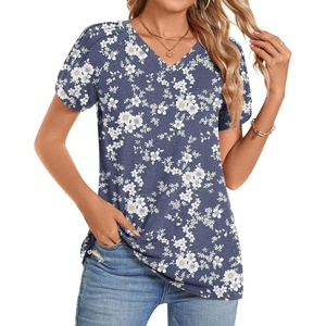 image:imageWomens 2025 Summer Tops Plus Size Tunics Casual Short Sleeve Shirts Loose Fit BlousesWhite Flower Navy