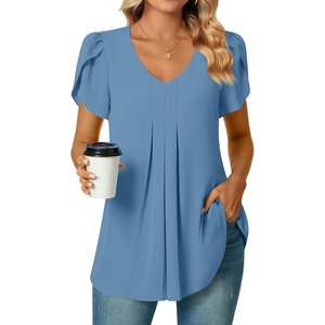 image:imageWomens Chiffon Blouses Dressy Casual Tops Summer Tunics V Neck Business Short Sleeve ShirtsV Neck Blue