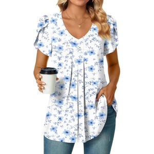 image:imageWomens Chiffon Blouses Dressy Casual Tops Summer Tunics V Neck Business Short Sleeve ShirtsV Neck Blue Cherry Fl