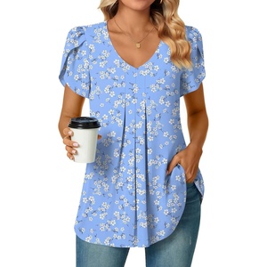image:imageWomens Chiffon Blouses Dressy Casual Tops Summer Tunics V Neck Business Short Sleeve ShirtsV Neck Blue White Flower
