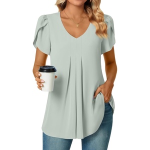 image:imageWomens Chiffon Blouses Dressy Casual Tops Summer Tunics V Neck Business Short Sleeve ShirtsV Neck Graygreen