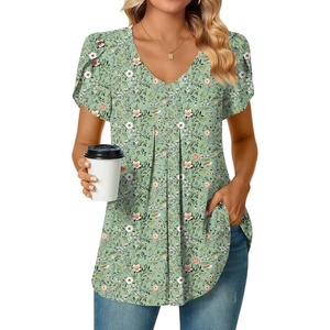 image:imageWomens Chiffon Blouses Dressy Casual Tops Summer Tunics V Neck Business Short Sleeve ShirtsV Neck Green Flowers