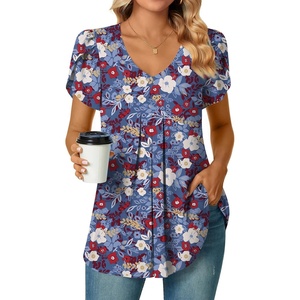 image:imageWomens Chiffon Blouses Dressy Casual Tops Summer Tunics V Neck Business Short Sleeve ShirtsV Neck Mixed Blue Redflower