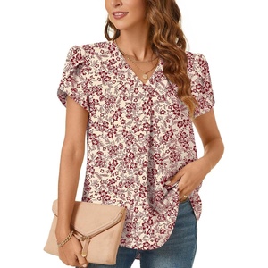 image:imageWomens Dressy Chiffon Blouses V Neck Tops Tee 2025 Summer Shirts Petal Short Sleeve Casual TShirtsPetal SleeveBeigedeep Red Flower