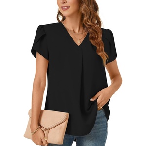 image:imageWomens Dressy Chiffon Blouses V Neck Tops Tee 2025 Summer Shirts Petal Short Sleeve Casual TShirtsPetal SleeveBlack