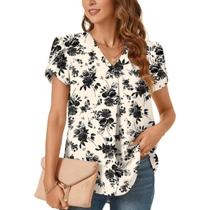 image:imageWomens Dressy Chiffon Blouses V Neck Tops Tee 2025 Summer Shirts Petal Short Sleeve Casual TShirtsPetal SleeveBlack Flower Beige
