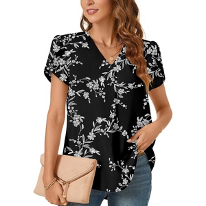 image:imageWomens Dressy Chiffon Blouses V Neck Tops Tee 2025 Summer Shirts Petal Short Sleeve Casual TShirtsPetal SleeveBlackwhite Flower