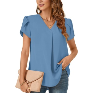 image:imageWomens Dressy Chiffon Blouses V Neck Tops Tee 2025 Summer Shirts Petal Short Sleeve Casual TShirtsPetal SleeveBlue