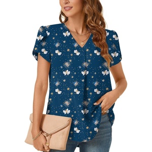 image:imageWomens Dressy Chiffon Blouses V Neck Tops Tee 2025 Summer Shirts Petal Short Sleeve Casual TShirtsPetal SleeveBlue Butterfly
