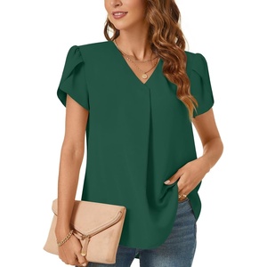 image:imageWomens Dressy Chiffon Blouses V Neck Tops Tee 2025 Summer Shirts Petal Short Sleeve Casual TShirtsPetal SleeveDark Green