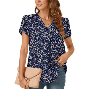 image:imageWomens Dressy Chiffon Blouses V Neck Tops Tee 2025 Summer Shirts Petal Short Sleeve Casual TShirtsPetal SleeveFloral Navy Blue