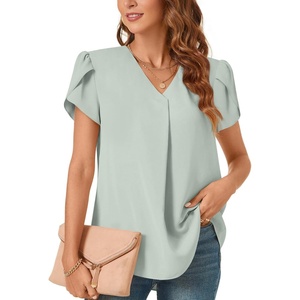 image:imageWomens Dressy Chiffon Blouses V Neck Tops Tee 2025 Summer Shirts Petal Short Sleeve Casual TShirtsPetal SleeveGraygreen