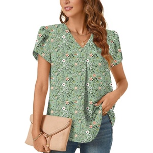image:imageWomens Dressy Chiffon Blouses V Neck Tops Tee 2025 Summer Shirts Petal Short Sleeve Casual TShirtsPetal SleeveGreen Flowers