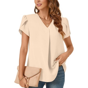 image:imageWomens Dressy Chiffon Blouses V Neck Tops Tee 2025 Summer Shirts Petal Short Sleeve Casual TShirtsPetal SleeveKhaki