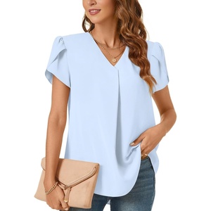 image:imageWomens Dressy Chiffon Blouses V Neck Tops Tee 2025 Summer Shirts Petal Short Sleeve Casual TShirtsPetal SleeveLight Blue