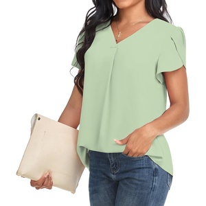 image:imageWomens Dressy Chiffon Blouses V Neck Tops Tee 2025 Summer Shirts Petal Short Sleeve Casual TShirtsPetal SleeveMatcha Color