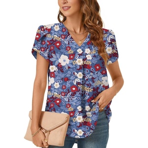 image:imageWomens Dressy Chiffon Blouses V Neck Tops Tee 2025 Summer Shirts Petal Short Sleeve Casual TShirtsPetal SleeveMixed Blue Redflower