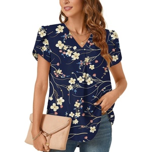image:imageWomens Dressy Chiffon Blouses V Neck Tops Tee 2025 Summer Shirts Petal Short Sleeve Casual TShirtsPetal SleeveNavy Blue Winter Fl
