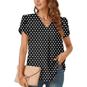 image:imageWomens Dressy Chiffon Blouses V Neck Tops Tee 2025 Summer Shirts Petal Short Sleeve Casual TShirtsPetal SleevePolka Dots Black