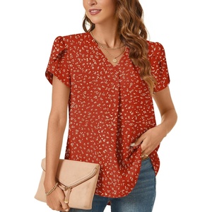 image:imageWomens Dressy Chiffon Blouses V Neck Tops Tee 2025 Summer Shirts Petal Short Sleeve Casual TShirtsPetal SleevePolka Dots Red