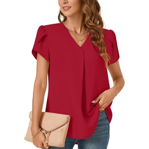 image:imageWomens Dressy Chiffon Blouses V Neck Tops Tee 2025 Summer Shirts Petal Short Sleeve Casual TShirtsPetal SleeveRed