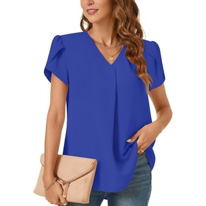 image:imageWomens Dressy Chiffon Blouses V Neck Tops Tee 2025 Summer Shirts Petal Short Sleeve Casual TShirtsPetal SleeveRoyal Blue