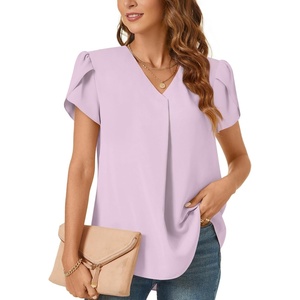 image:imageWomens Dressy Chiffon Blouses V Neck Tops Tee 2025 Summer Shirts Petal Short Sleeve Casual TShirtsPetal SleeveTaro Violet