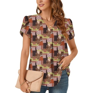 image:imageWomens Dressy Chiffon Blouses V Neck Tops Tee 2025 Summer Shirts Petal Short Sleeve Casual TShirtsPetal SleeveVintage Checkers